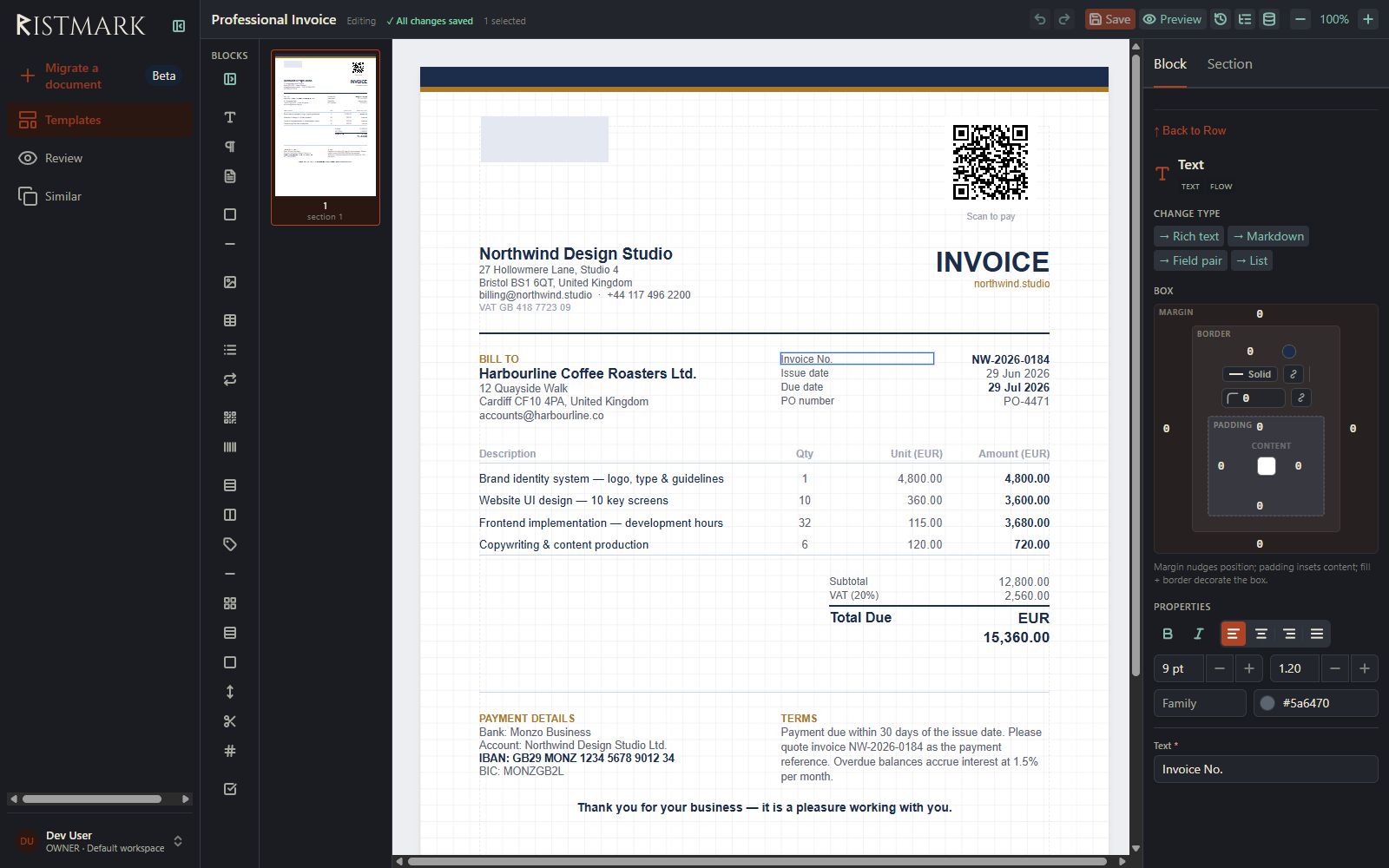 The Ristmark template editor open on the Professional Invoice sample template, showing the document canvas next to the field inspector.